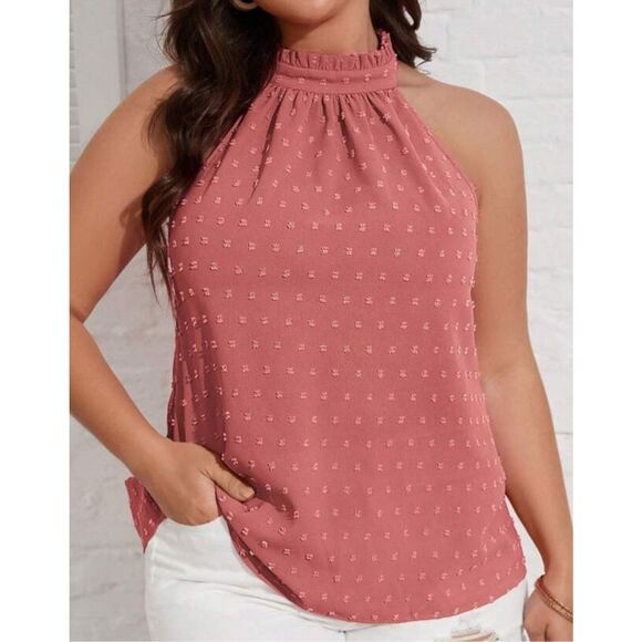 Emery Rose Halter Neck Swiss Dot Frill Trim Blouse Size 1X 14 Sleeveless Pink - Picture 1 of 12